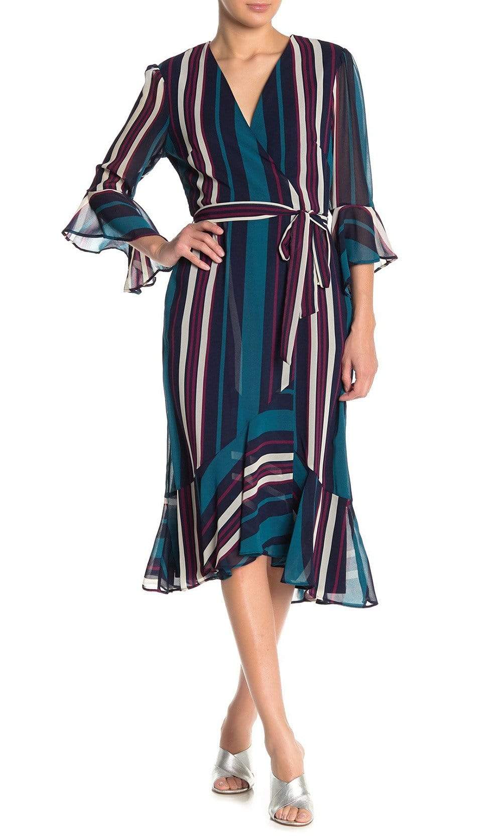 Image of Maison Tara - 91116M Tea Length Stripe Wrap Chiffon Dress
