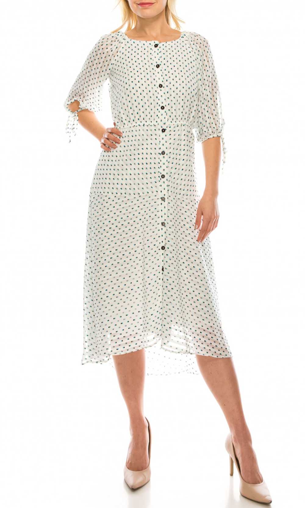 Image of Maison Tara - 95043M Tea Length Polkadot Button Down Dress