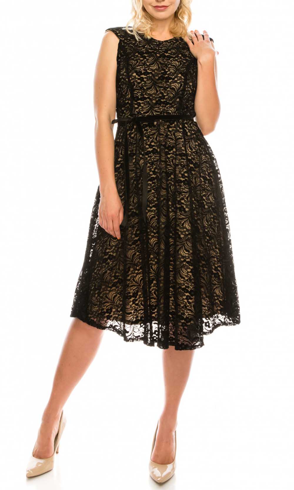 Image of Maison Tara - 95183M Cap Sleeve Velveted Lace A-Line Dress