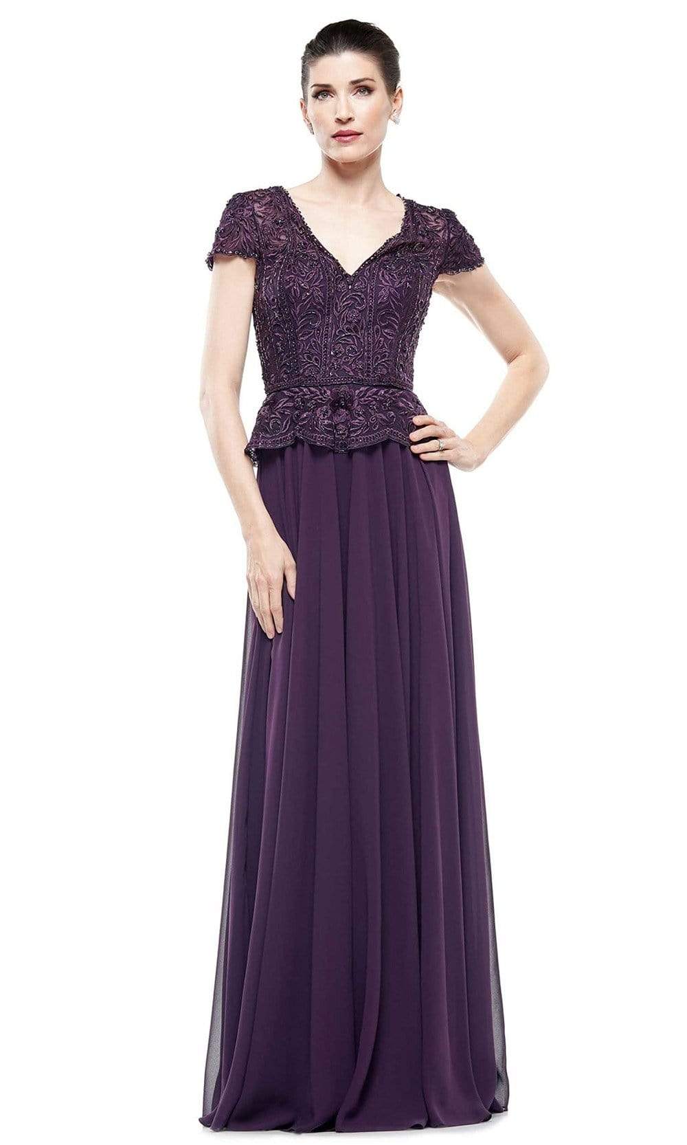 Image of Marsoni by Colors - M243 Short Sleeve Embroidered Peplum Chiffon Gown
