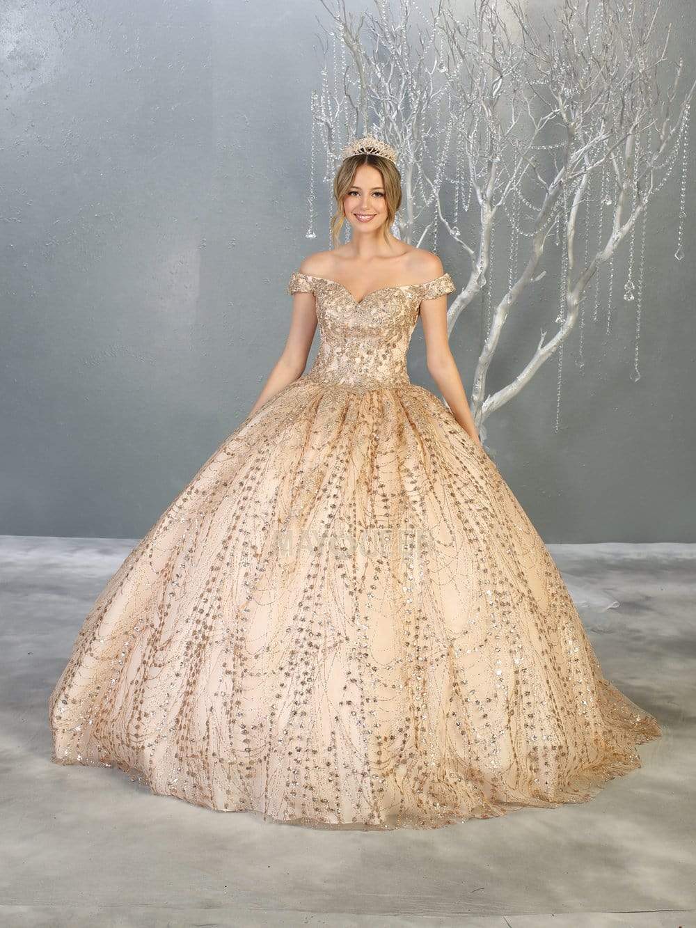 Image of May Queen - LK153 Beaded Appliqued Off Shoulder Ballgown