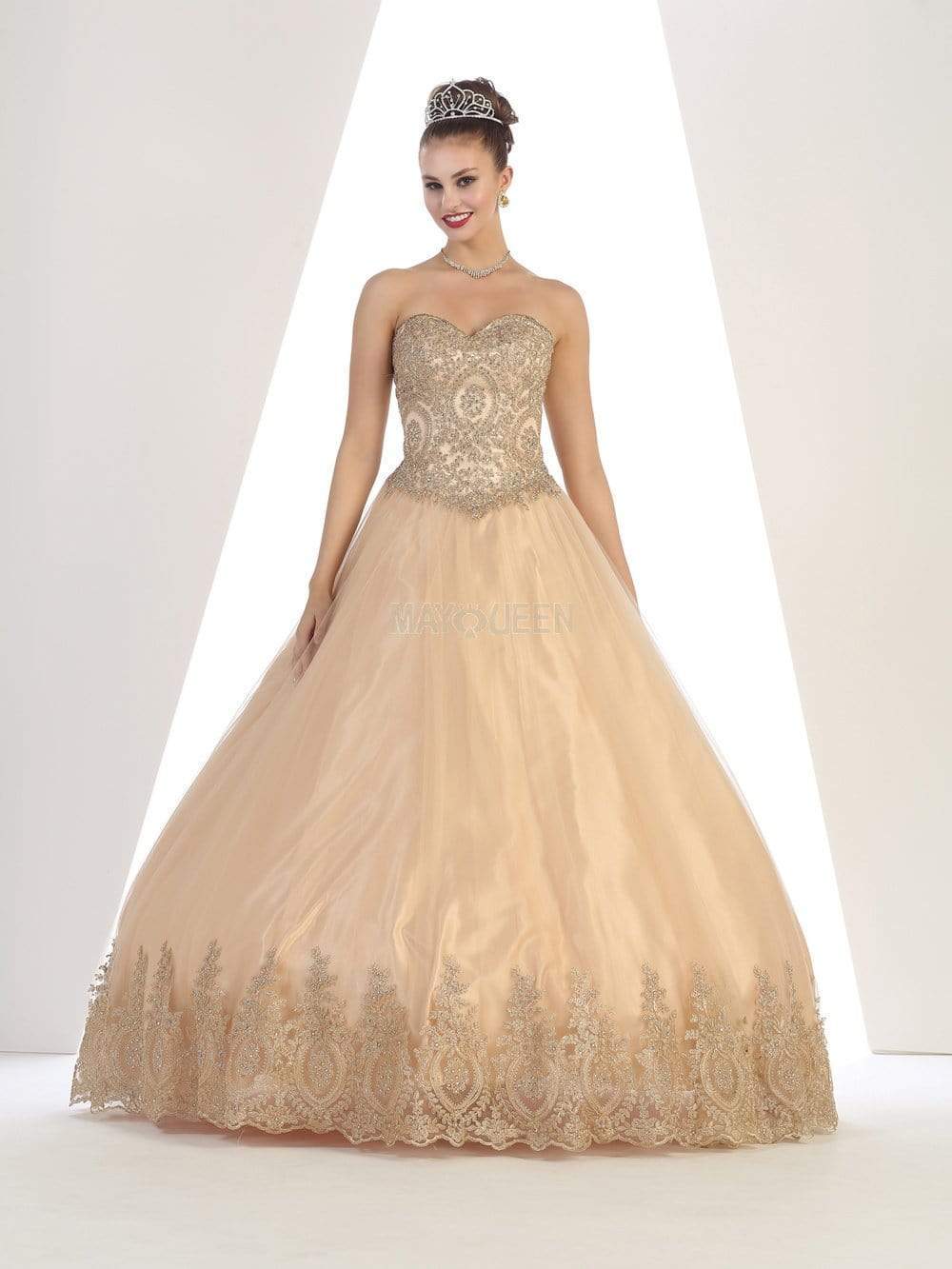 Image of May Queen - LK73 Strapless Sweetheart Gold Lace Embellished Ballgown