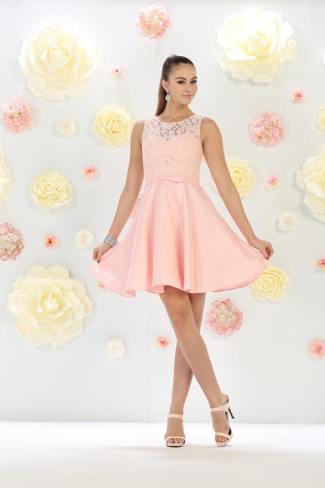 Image of May Queen - MQ1422 Sleeveless Lace Top Floral Waist Bow Cocktail Dress