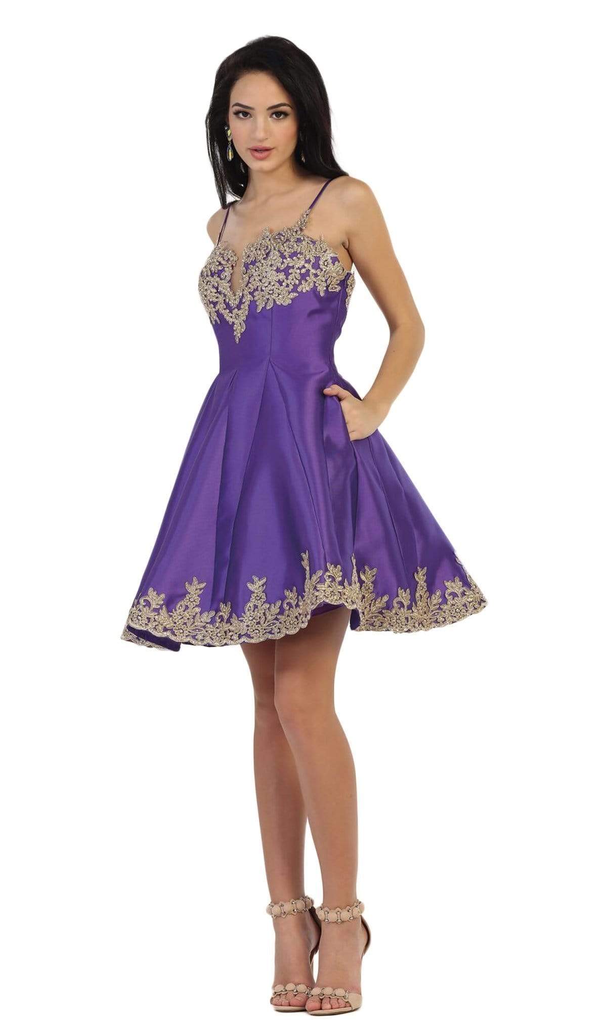 Image of May Queen - MQ1445 Gilded Lace Applique Mikado Cocktail Dress