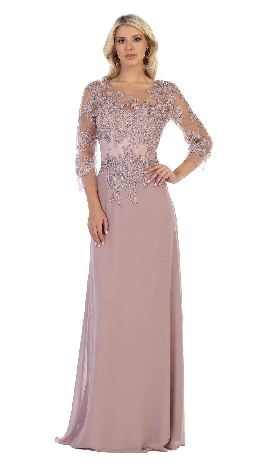 Image of May Queen - MQ1637 Illusion Quarter Sleeve Appliqued Sheath Gown