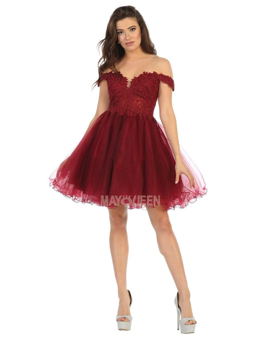 Image of May Queen - MQ1663 Off Shoulder Sheer Lace Bodice Tulle Cocktail Dress