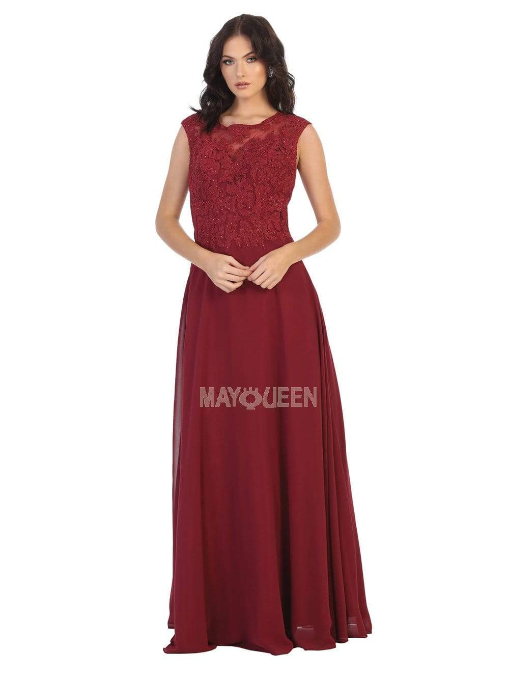 Image of May Queen - MQ1725 Lace Bodice Chiffon A-Line Long Formal Dress