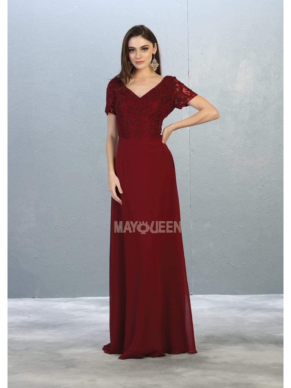 Image of May Queen - MQ1782 Short Sleeve Appliqued V-Neck Long Dress