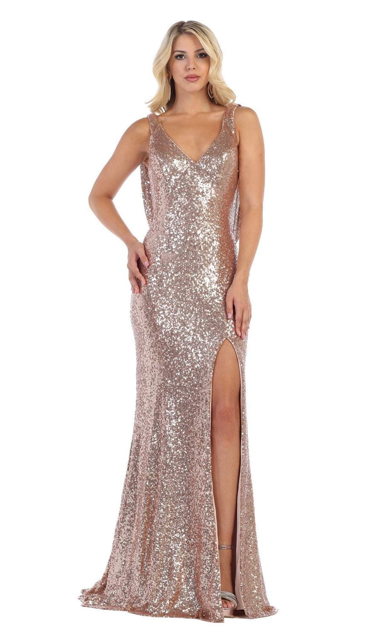 Image of May Queen - RQ7676 Cowl Draped Strappy Sequined Gown