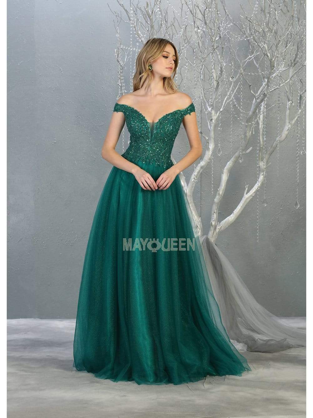 Image of May Queen - RQ7864 Embellished Plunging Off-Shoulder Gown