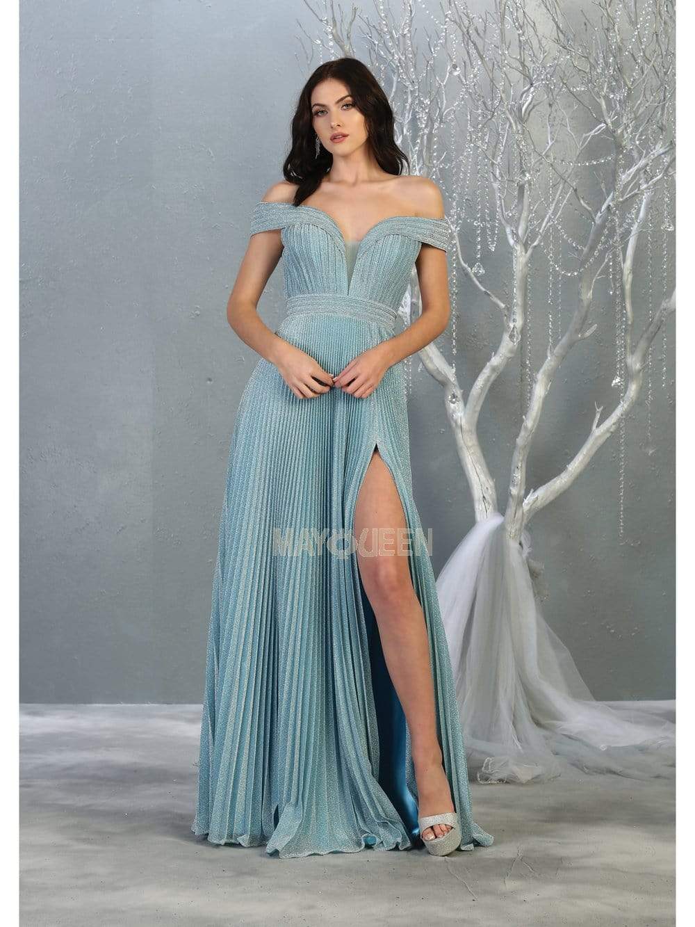 Image of May Queen - RQ7876 Off-Shoulder Pleated A-Line Dress