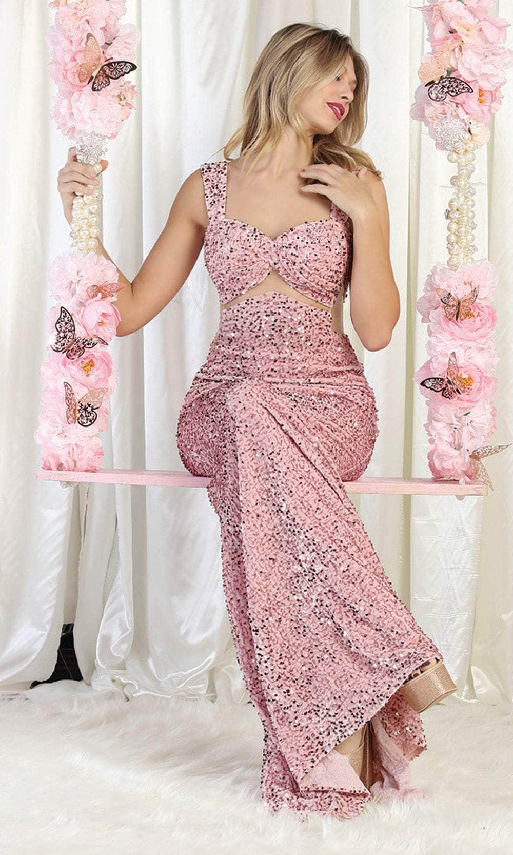 Image of May Queen RQ8004 - Sequin Illusion Midriff Prom Dress