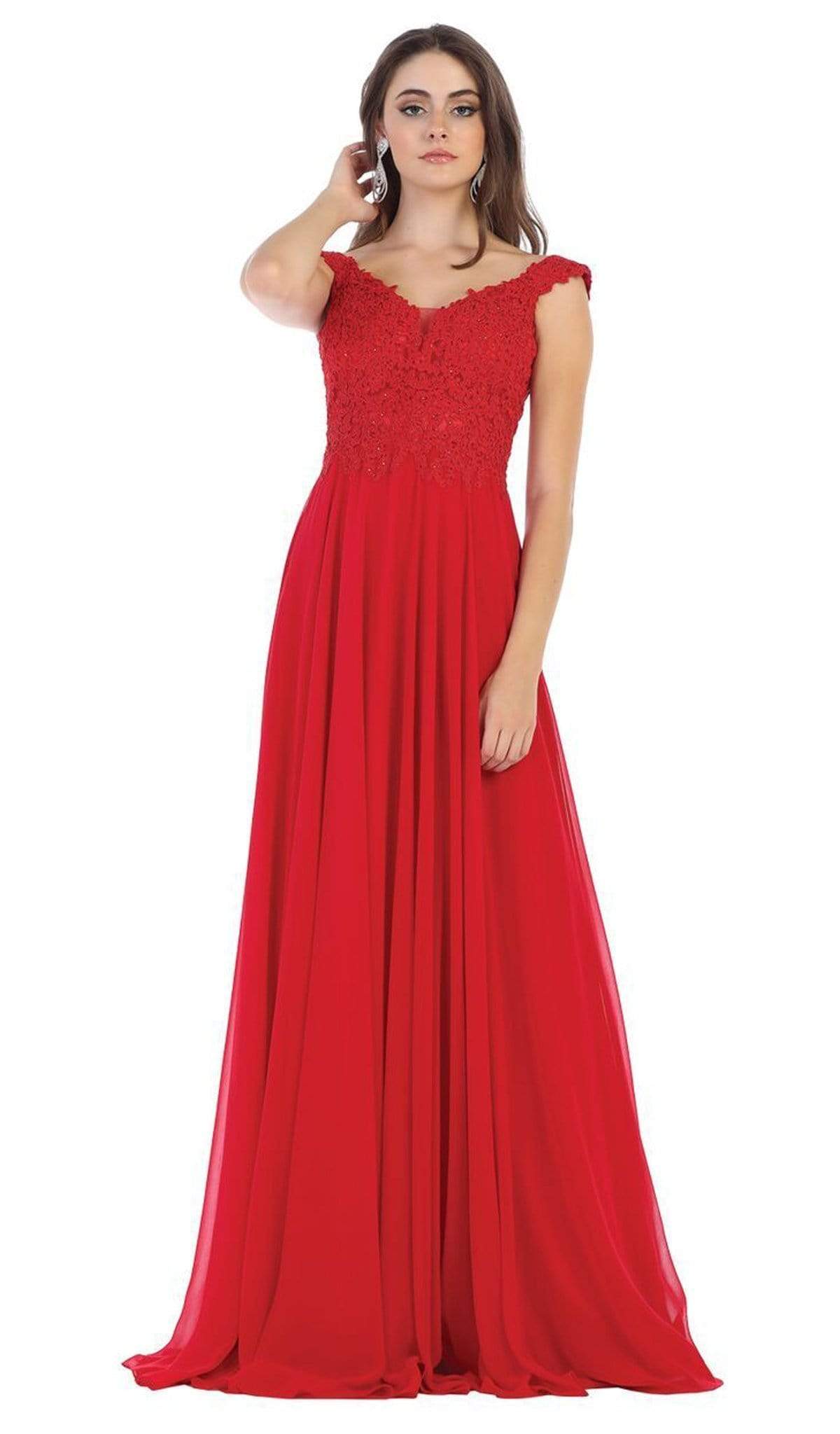 Image of May Queen - V Neck Lace Applique Chiffon Long Formal Dress MQ1602