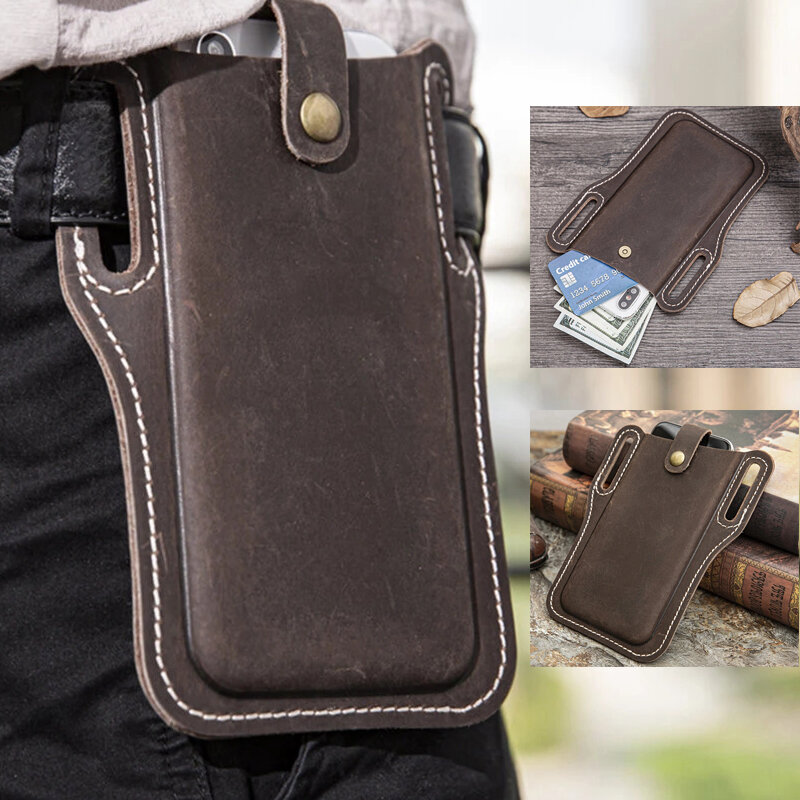 Image of Men Genuine Leather Vintage 63 inch Phone Bag Waist Bag Pouch Leather Belt Bag Purse