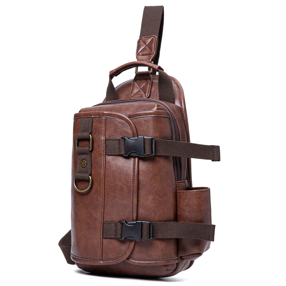 Image of Men PU Leather Large Capacity Multifunction Headset Hole USB Charging Short Trip Sling Bags Crossbody Bag Chest Bag