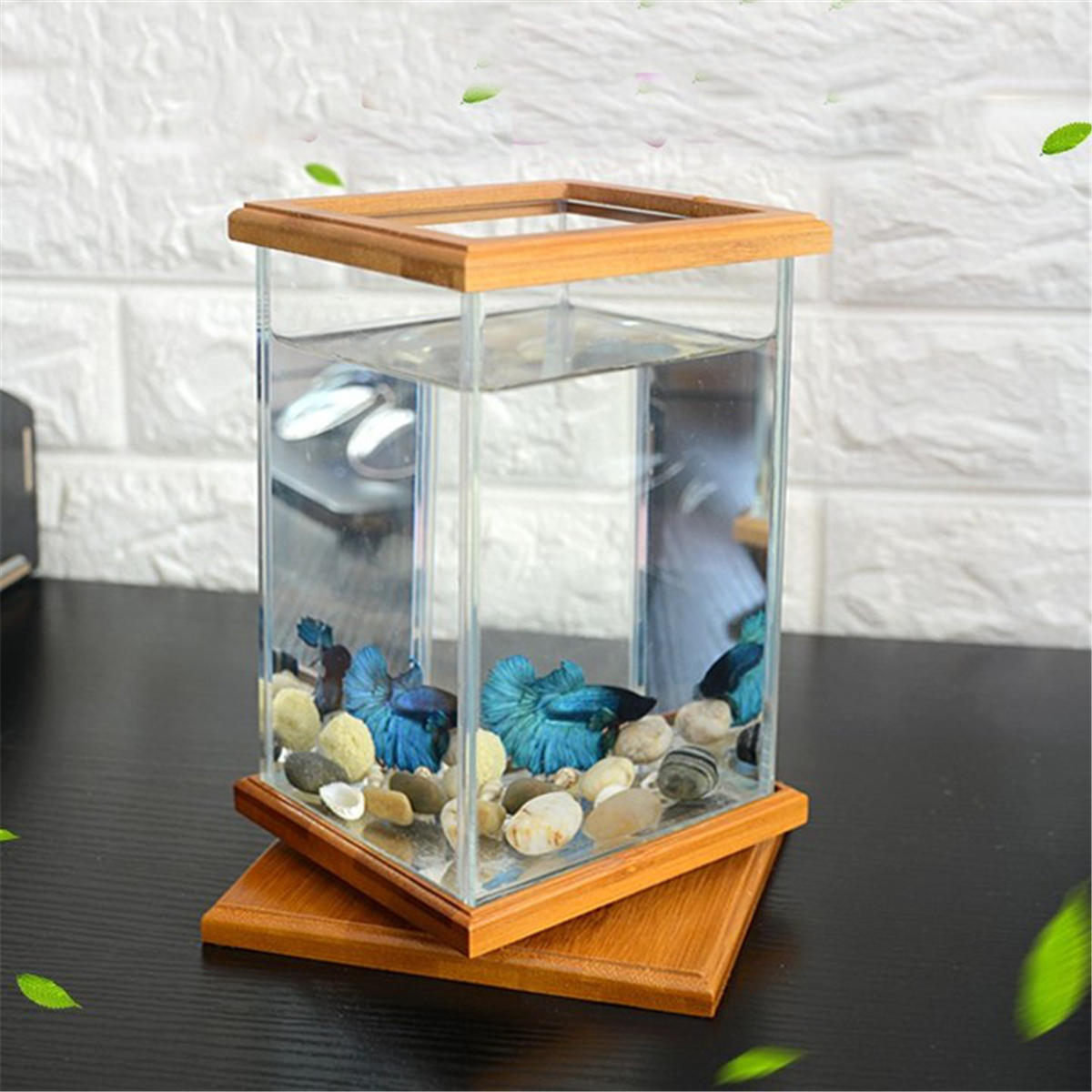 Image of Mini Aquarium LED Lighting Clear Glass Fish Tank Container Office Desktop Decor!