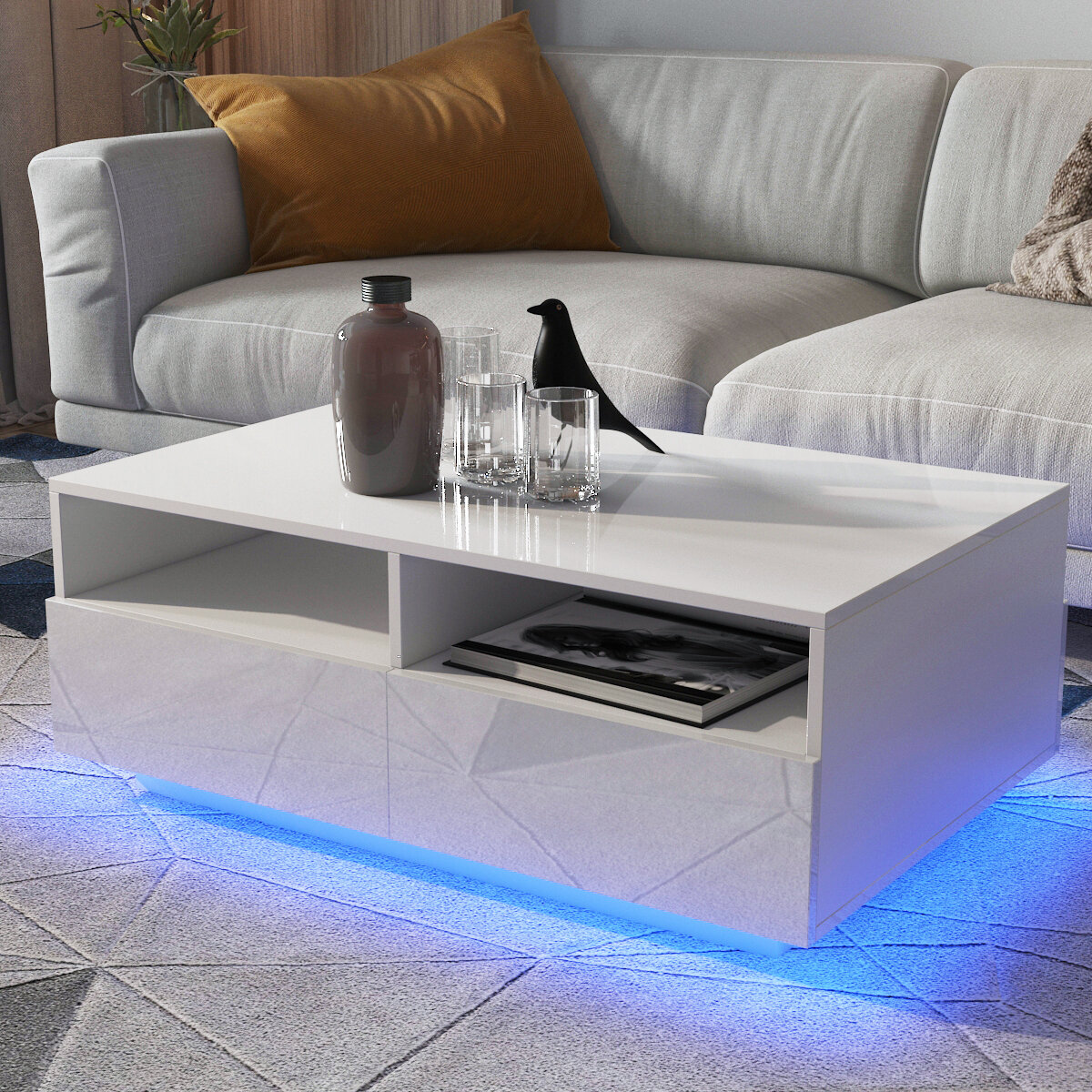 Image of Modern RGB LED Coffee Table with High Gloss 4 Drawers End Side Table White/Black