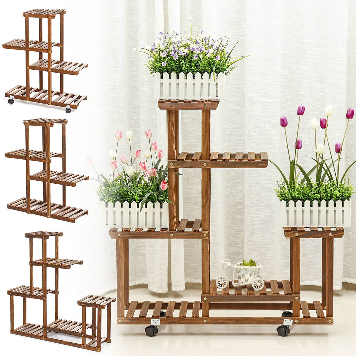 Image of Multi Tier Wood Flower Rack Plant Stand Wood Shelves Bonsai Display Shelf Indoor