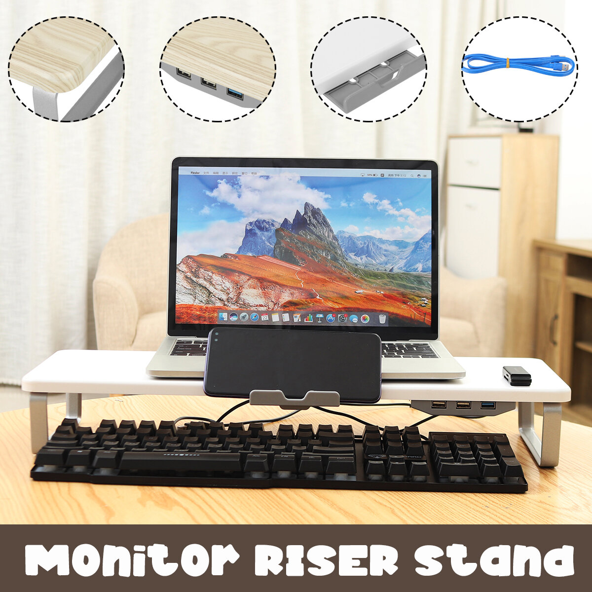 Image of Multifunctional Mackbook Desktop Stand Monitor Riser with 2*USB20 + USB30 Ports & Mobile Phone Holder
