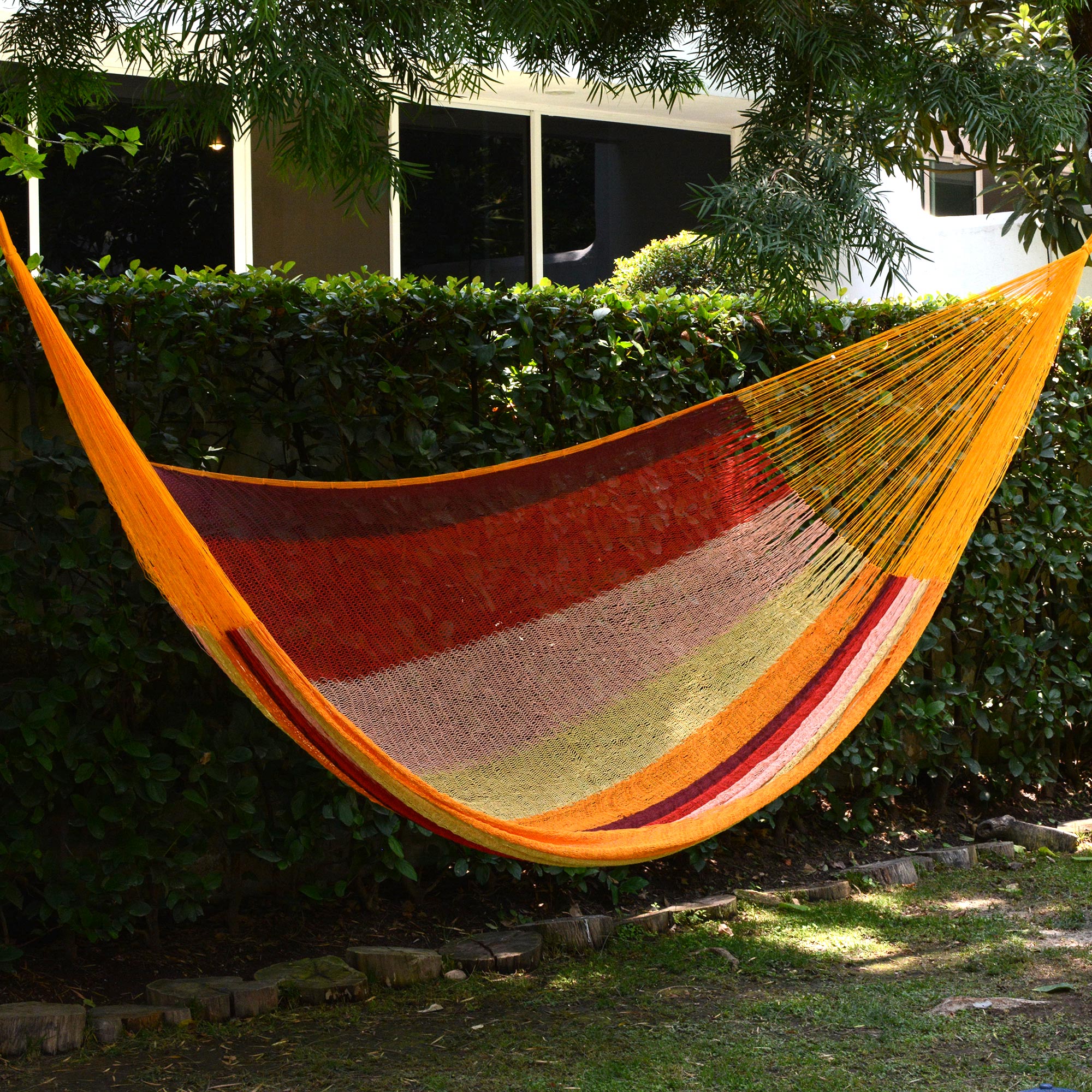 Image of NOVICA Tropical Paradise Mexican Cotton Double Hammock in Burgundy Pink and Yellow