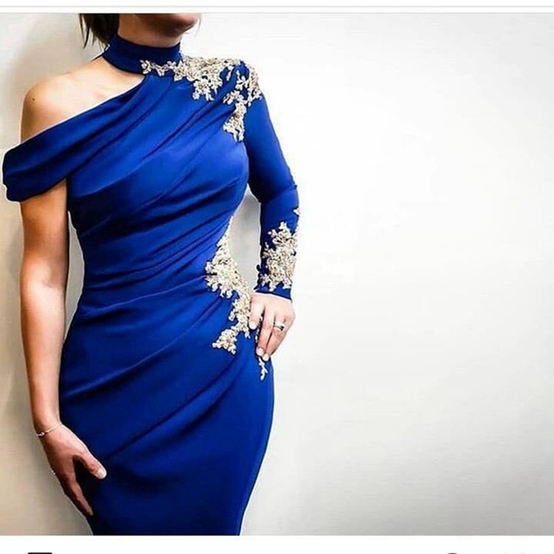 Image of New Arrival One shoulder Long sleeve evening dress Royal blue gowns Lace Beaded Formal Party