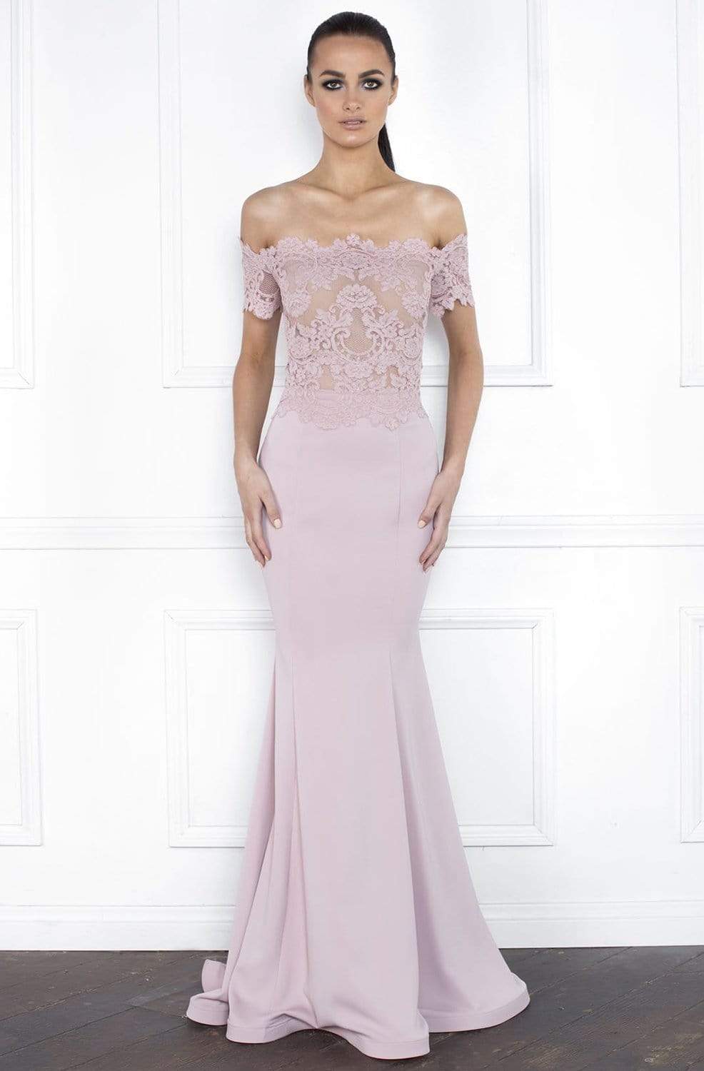 Image of Nicole Bakti - 592L Off-Shoulder Lace Bodice Mermaid Gown