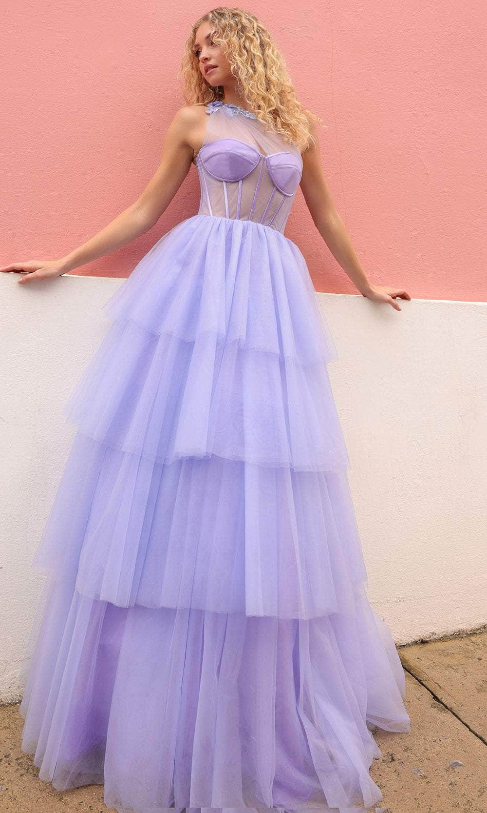 Image of Nox Anabel P1400 - One Sleeve Sheer Corset Prom Gown