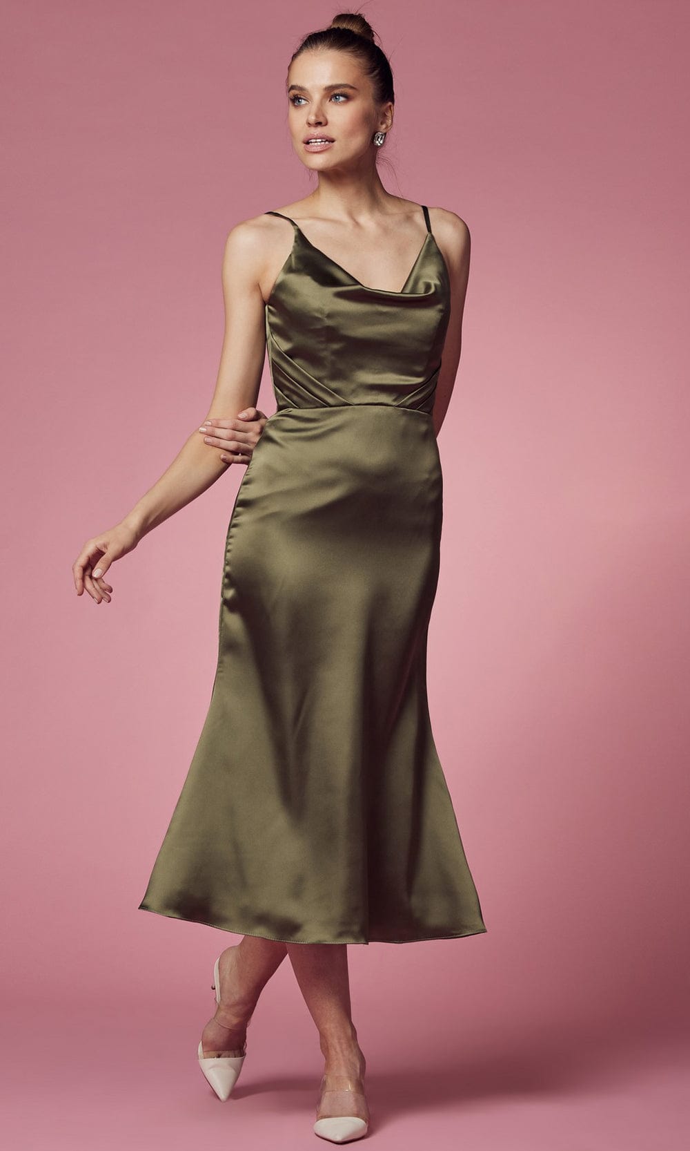 Image of Nox Anabel R1027 - Tea Length Cowl Cocktail Dress