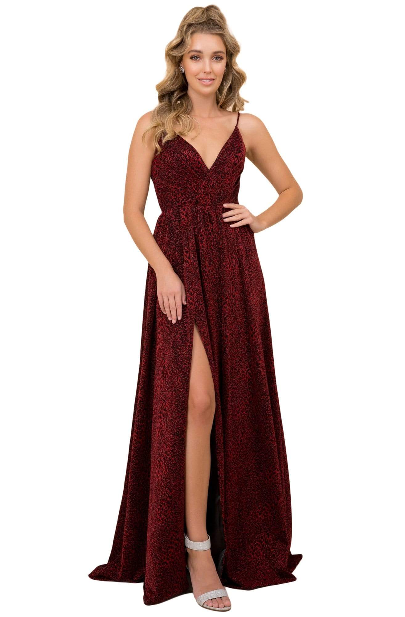 Image of Nox Anabel - R356 V Neck Animal Printed High Slit A-Line Evening Gown