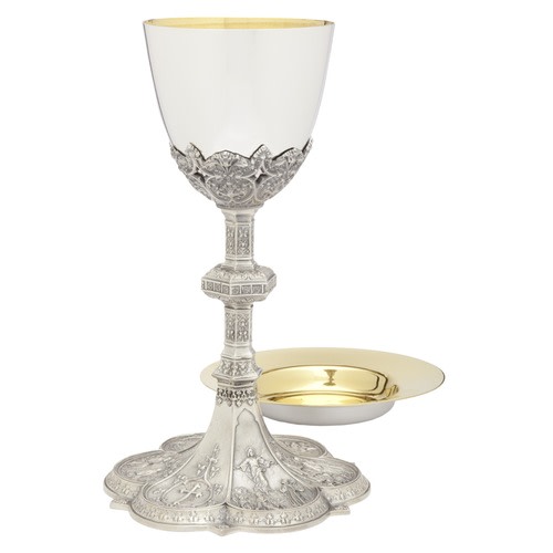 Image of Ornately Detailed Silver Chalice & Paten Set or Ciborium