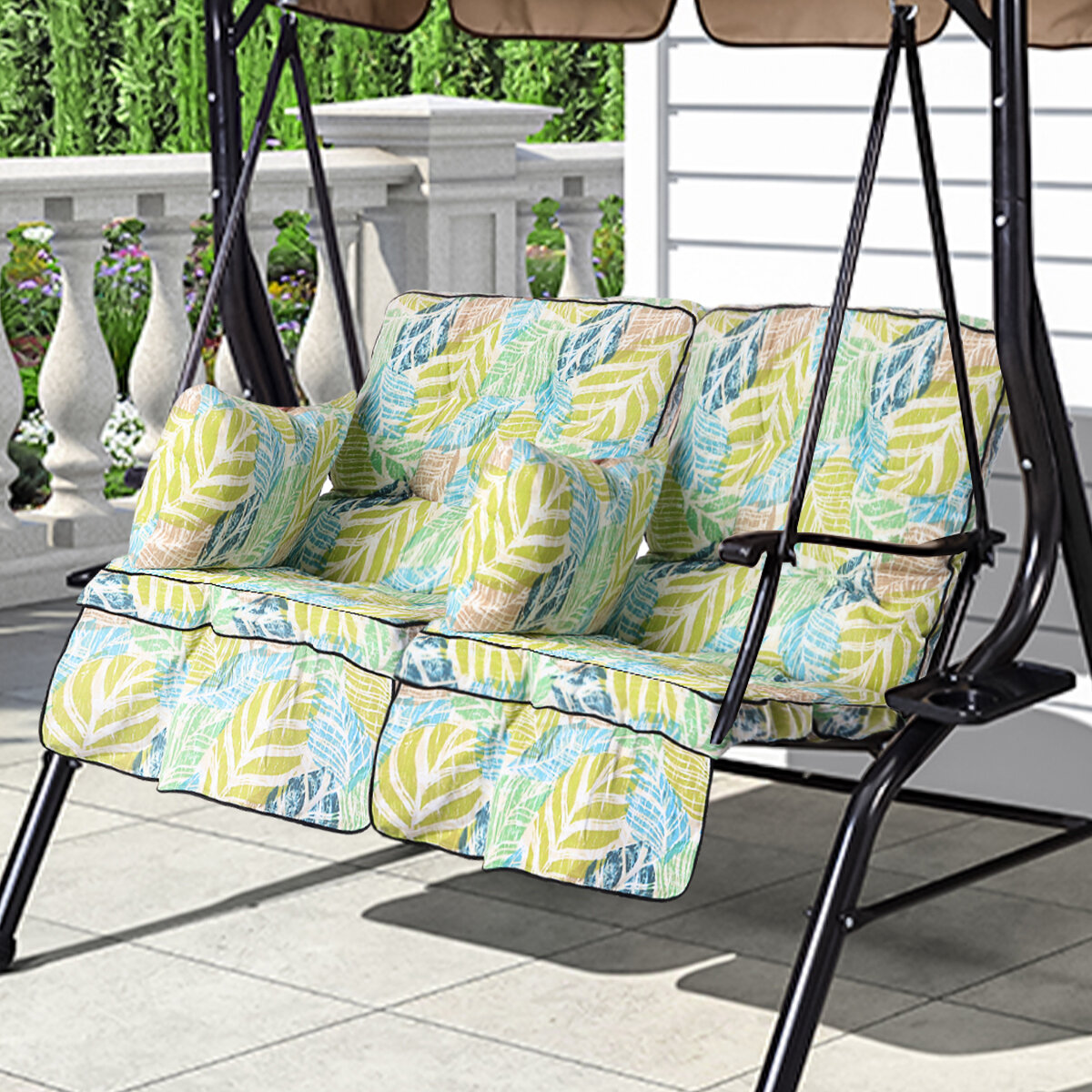 Image of Outdoor Swing Chair Patio Seat Swing Cushion Replacement with Armrest Pillow Classic Garden Swing Seat Chair Cushion