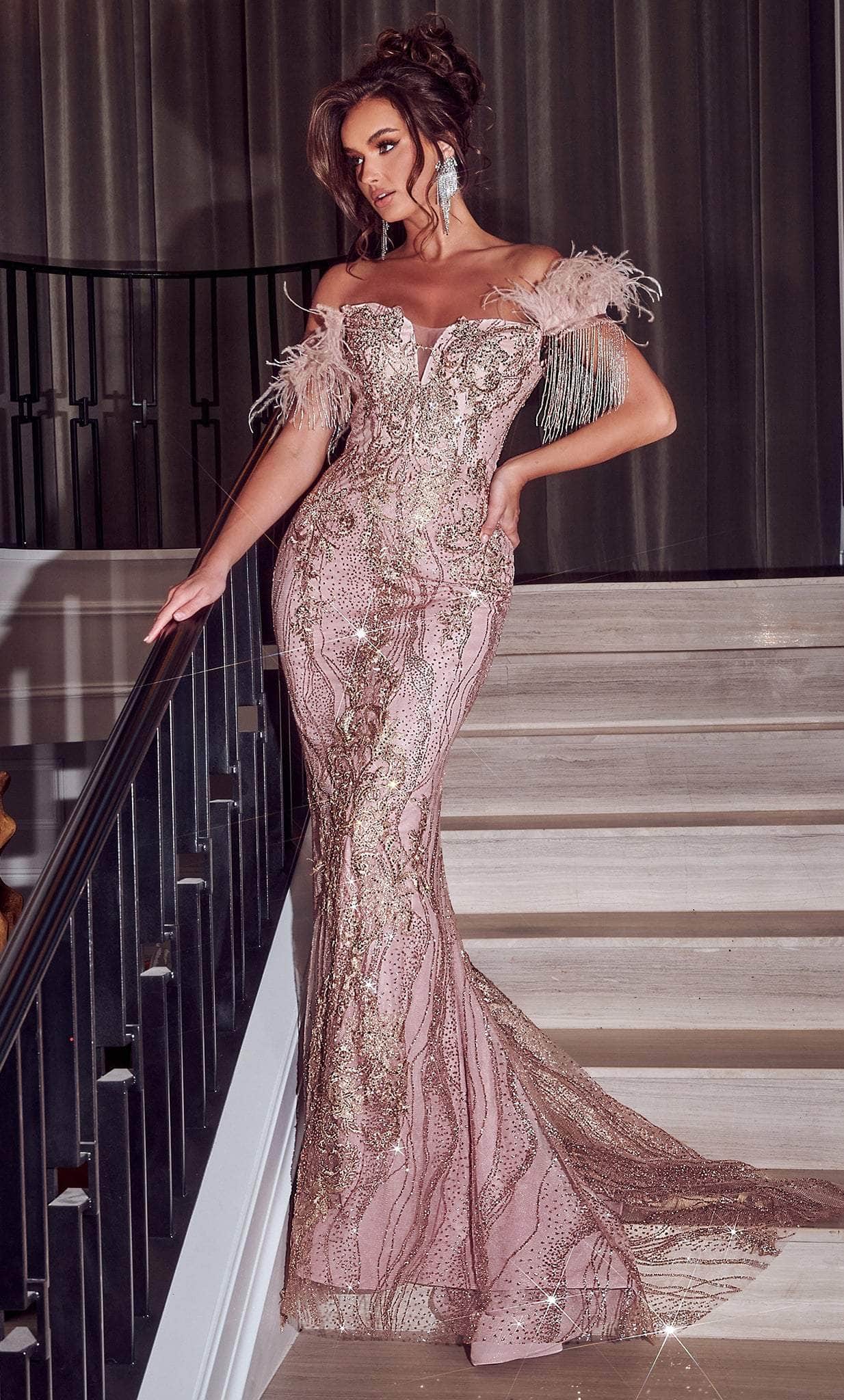 Image of Portia and Scarlett PS23306 - Feather Off-Shoulder Prom Gown