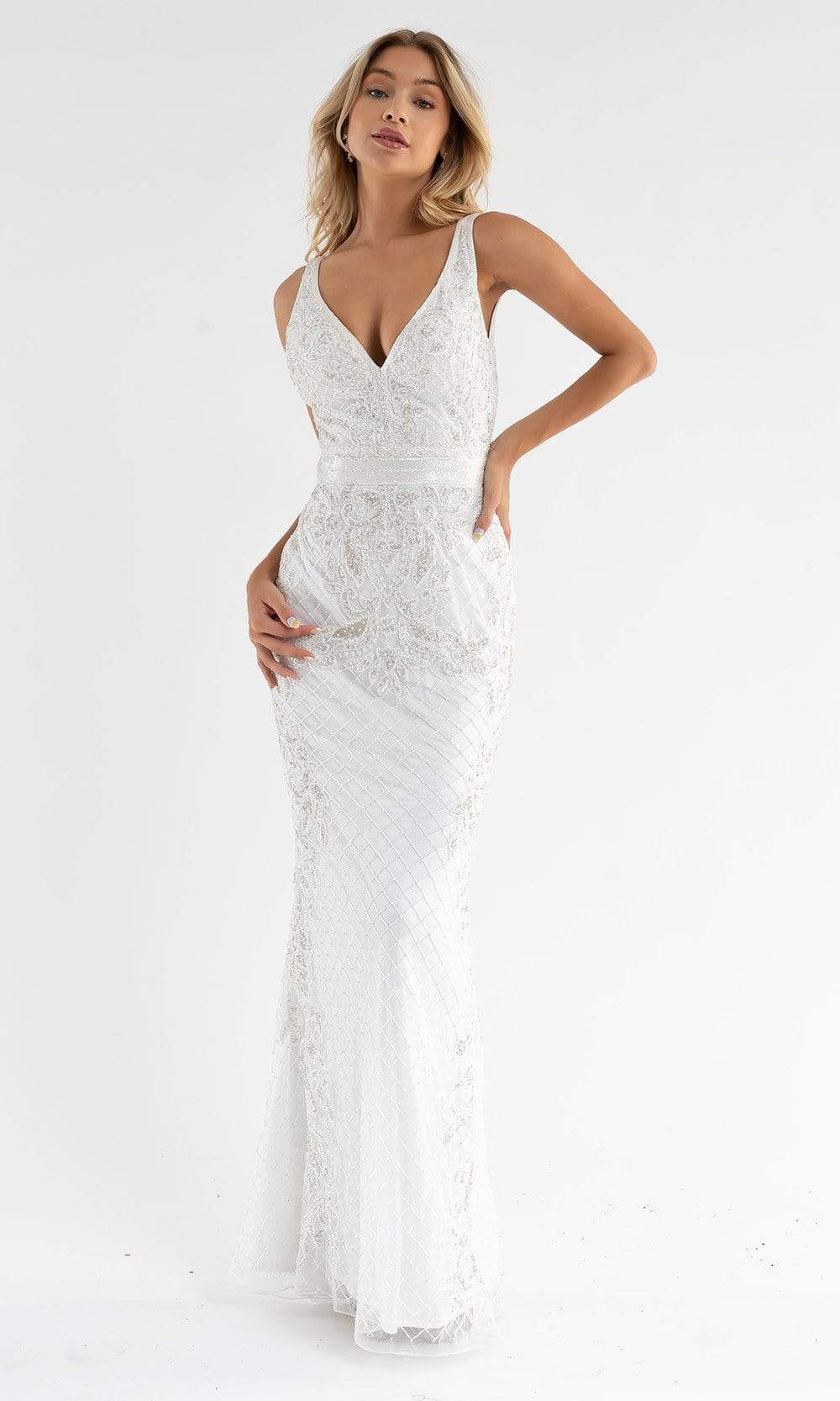 Image of Primavera Couture - 3741 V-Neck Beaded Lace Long Gown