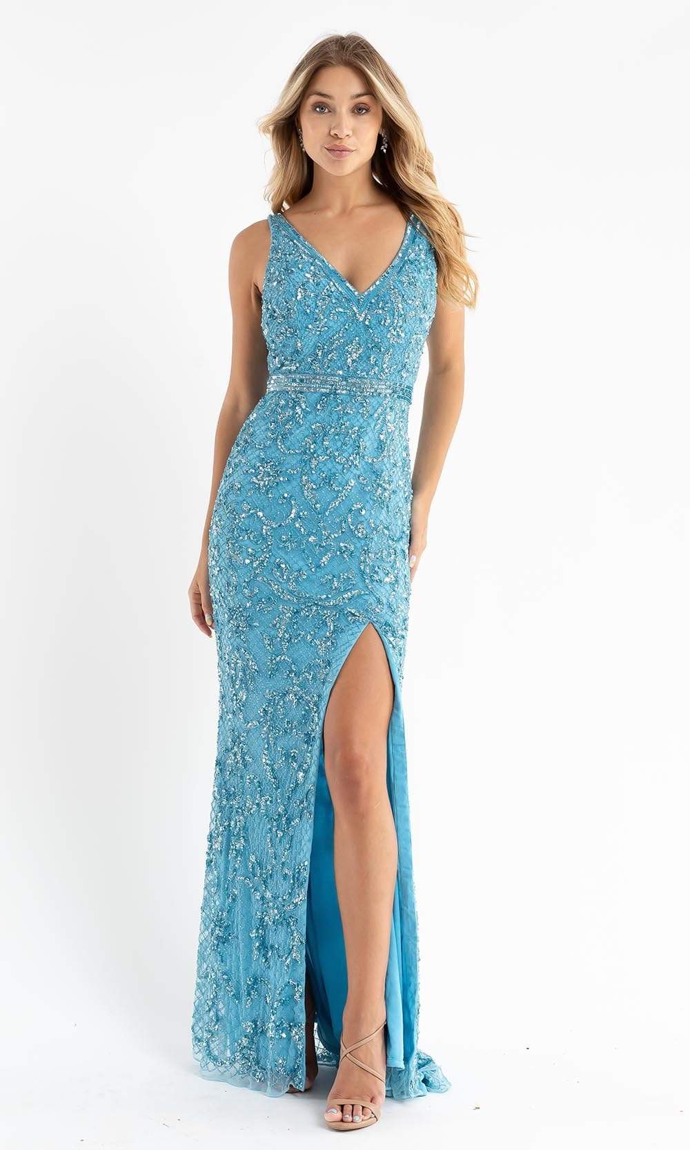 Image of Primavera Couture - 3764 Bold Style Low V Neckline Dazzling Silhouette Evening Gown