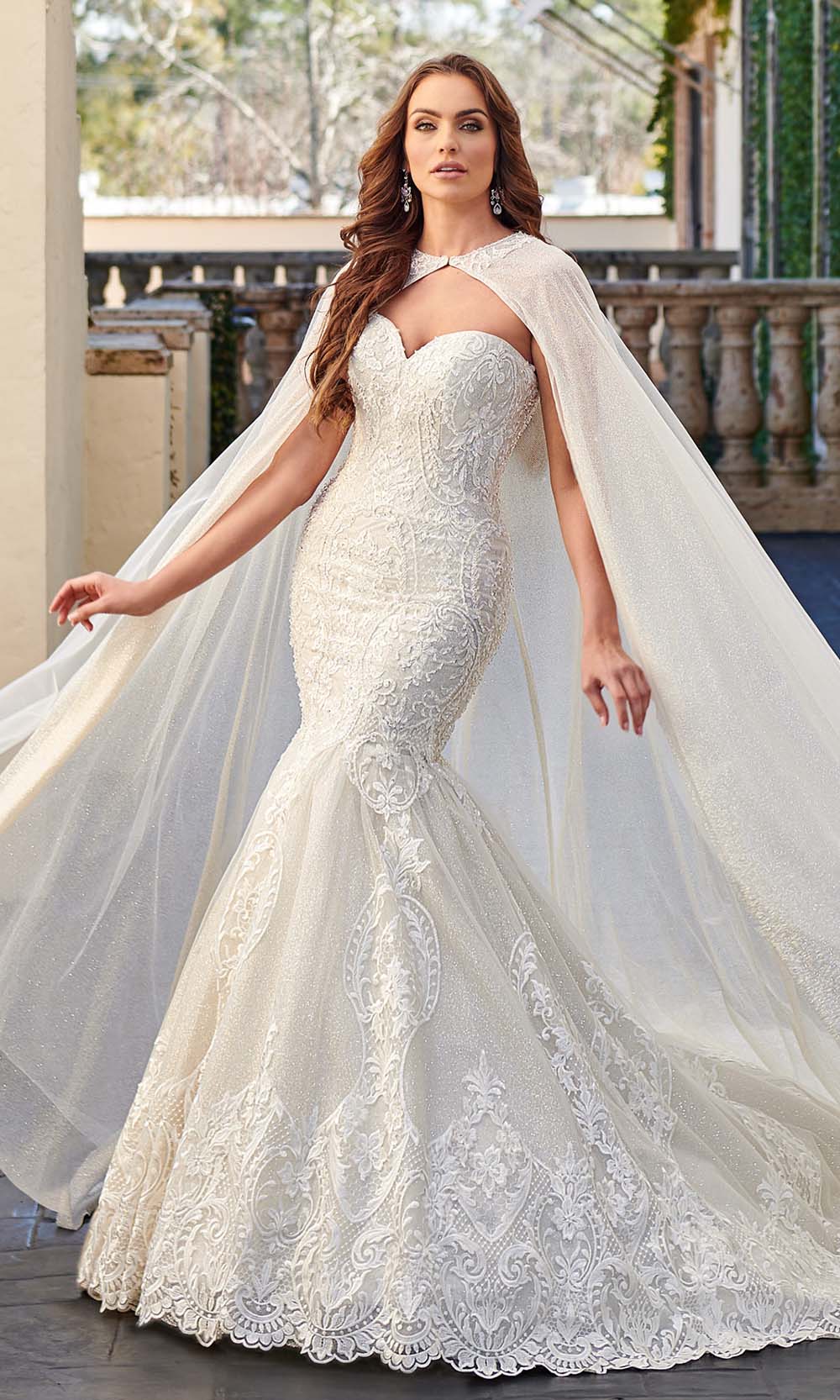 Image of Rachel Allan - M781 Embroidered Lace Mermaid Wedding Gown With Cape
