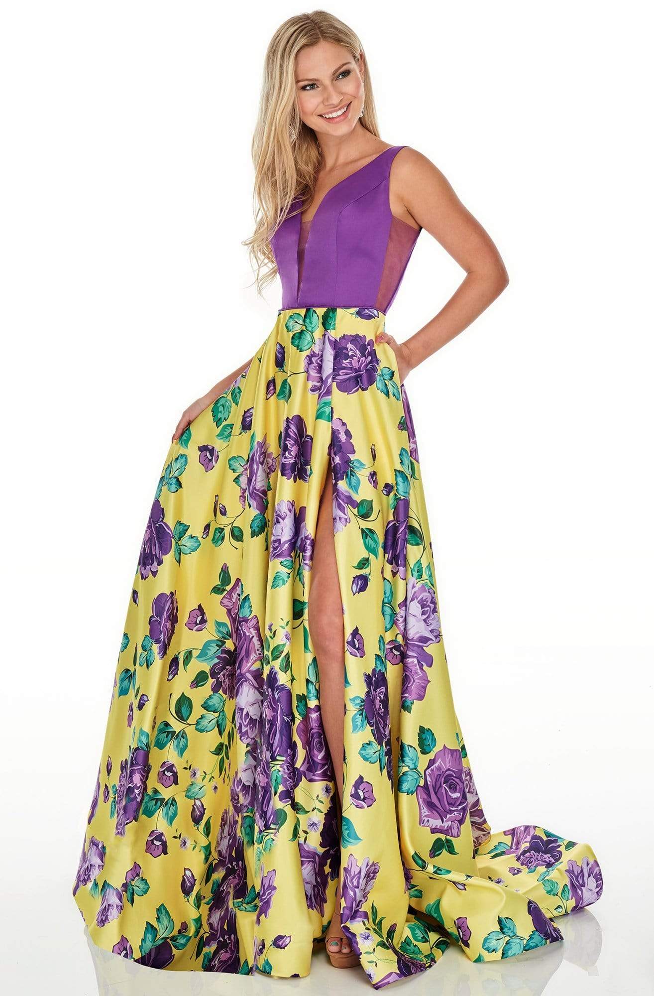 Image of Rachel Allan Prom - 7021 Plunging Neck Floral High Slit Gown