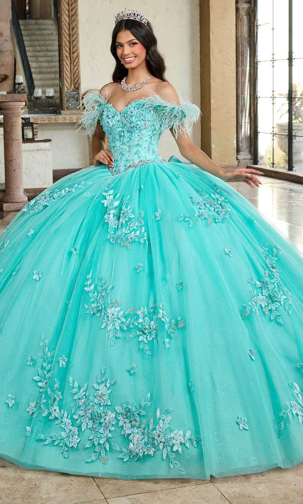 Image of Rachel Allan RQ2186 - Feather Detailed Off-Shoulder Ballgown