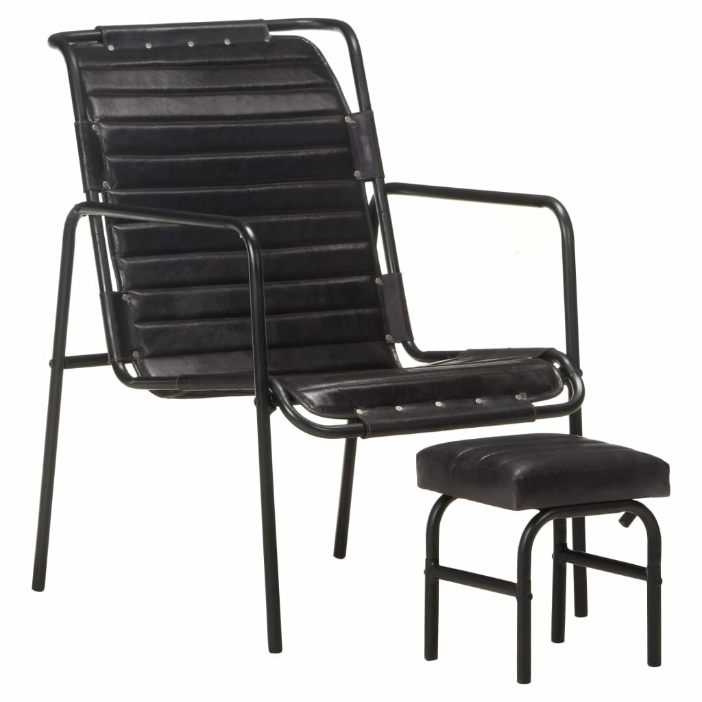 Image of Relaxing Armchair with a Footrest Black Real Leather