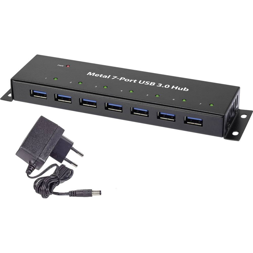 Image of Renkforce RF-3955359 7 ports USB 32 1st Gen (USB 30) hub wall mount option Steel casing Black
