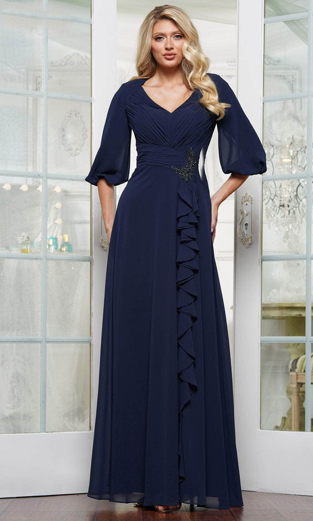 Image of Rina Di Montella RD3119 - Puff Sleeve Cascading Ruffle Formal Gown