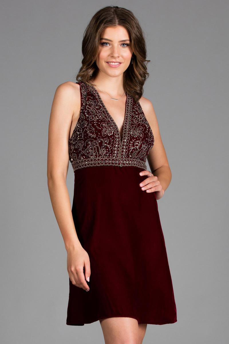 Image of SCALA - 48913 Beaded Plunging V-neck Velvet A-line Dress