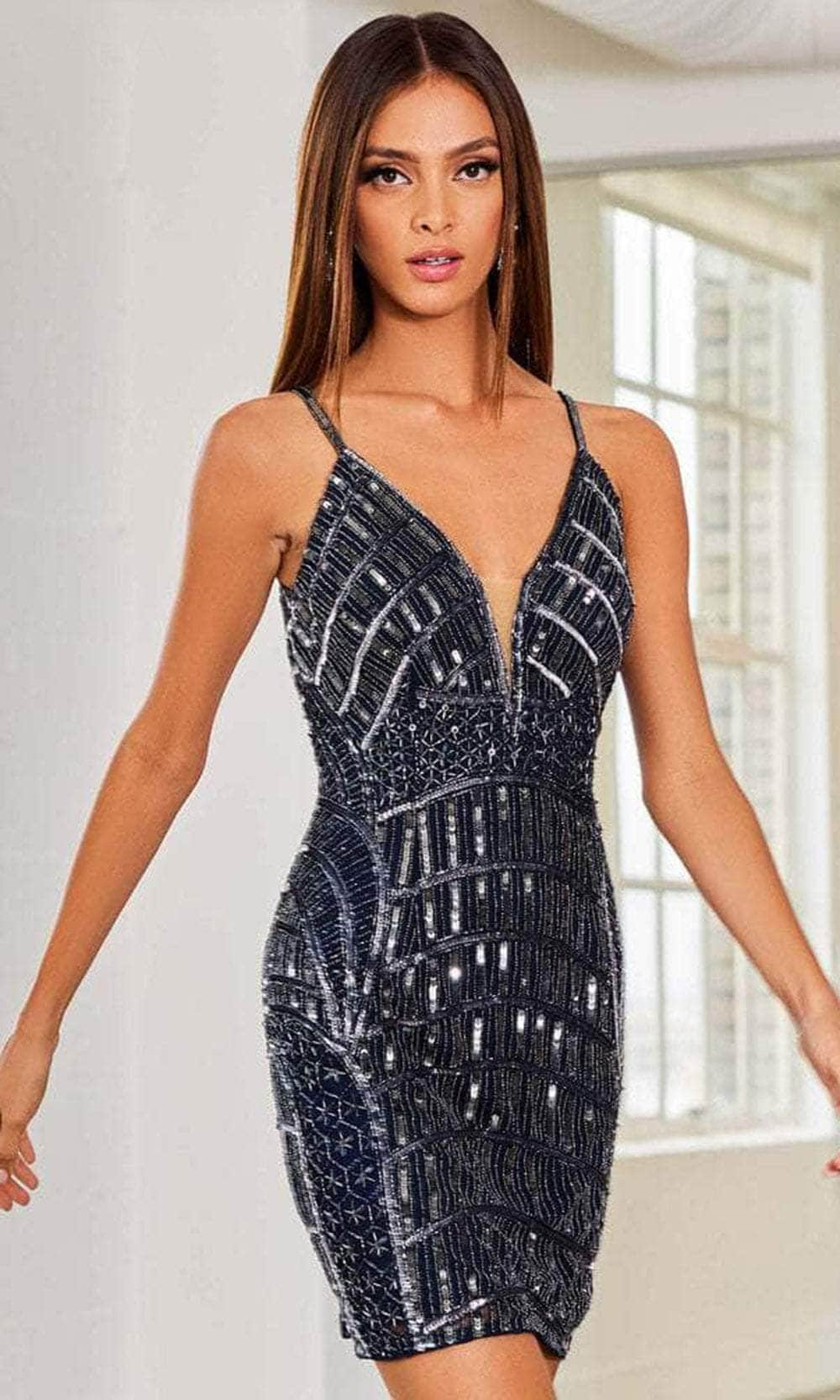 Image of SCALA 60310 - V-Neck Sequin Cocktail Dress