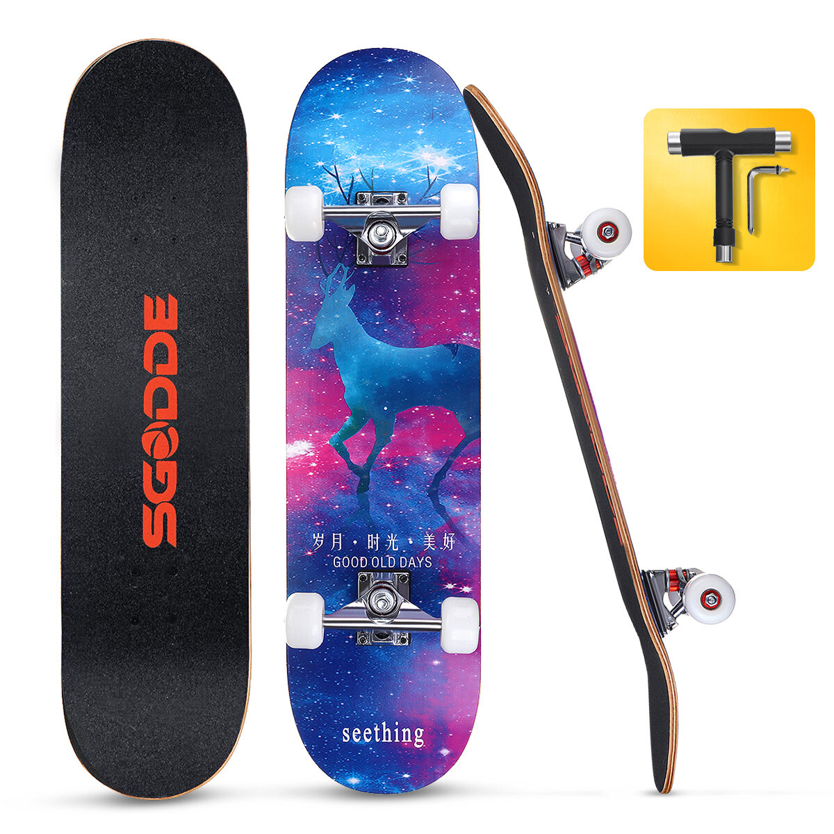 Image of SGODDE 31'' Skateboards 7 Layer Canadian Maple Double Kick Long-board for Kids Youths Beginners