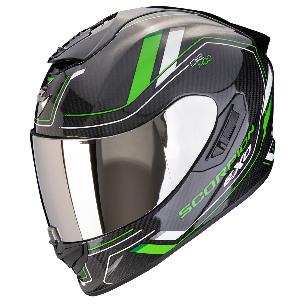 Image of Scorpion EXO-1400 Evo II Carbon Air Mirage Black Green Full Face Helmet Size XL ID 3701629108968