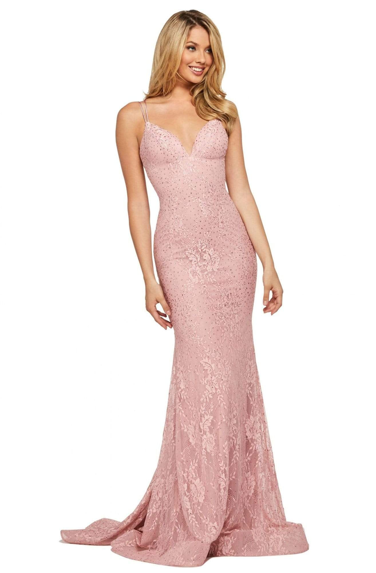 Image of Sherri Hill - 53364 Plunging Lace Up Back Fitted Lace Dress