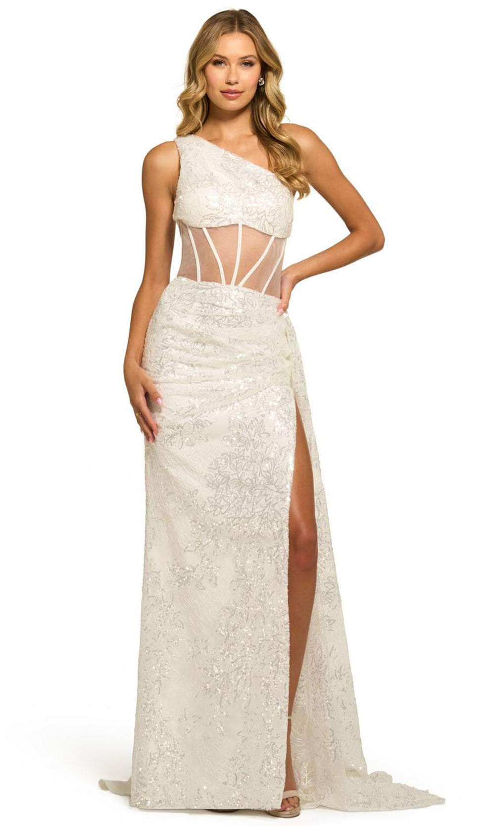 Image of Sherri Hill 55426 - Asymmetric Illusion Midriff Evening Gown