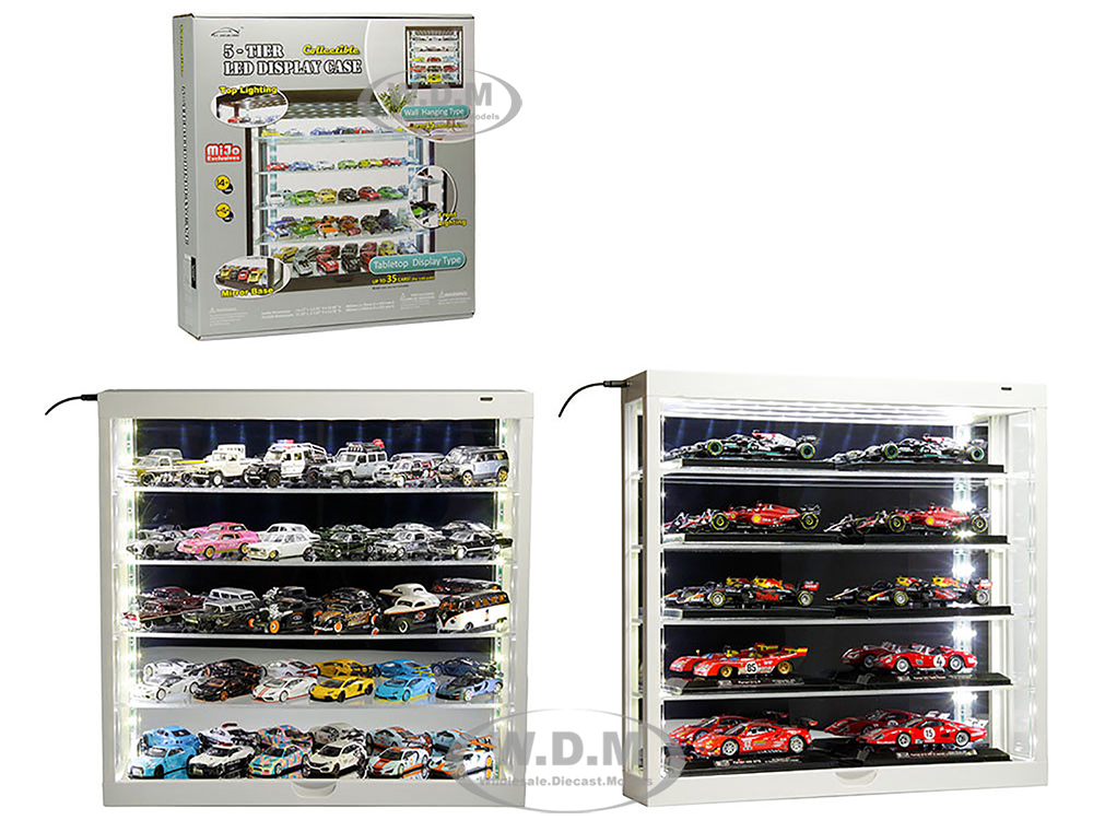 Image of Showcase Wall Mount 5 Tier Display Case White with Mirror Back Panel "Mijo Exclusives" for 1/64-1/43 Scale Models