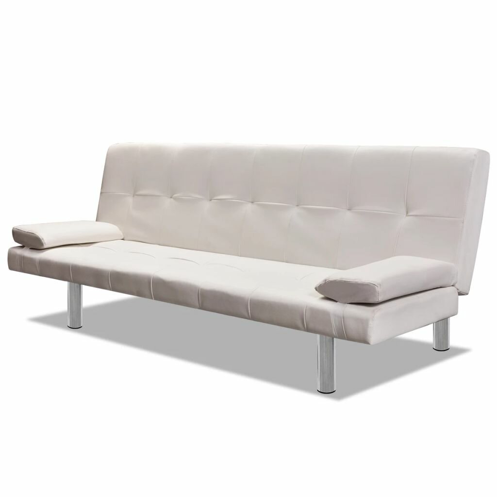 Image of Sofa Bed with Two Pillows Artificial Leather Adjustable Cream White