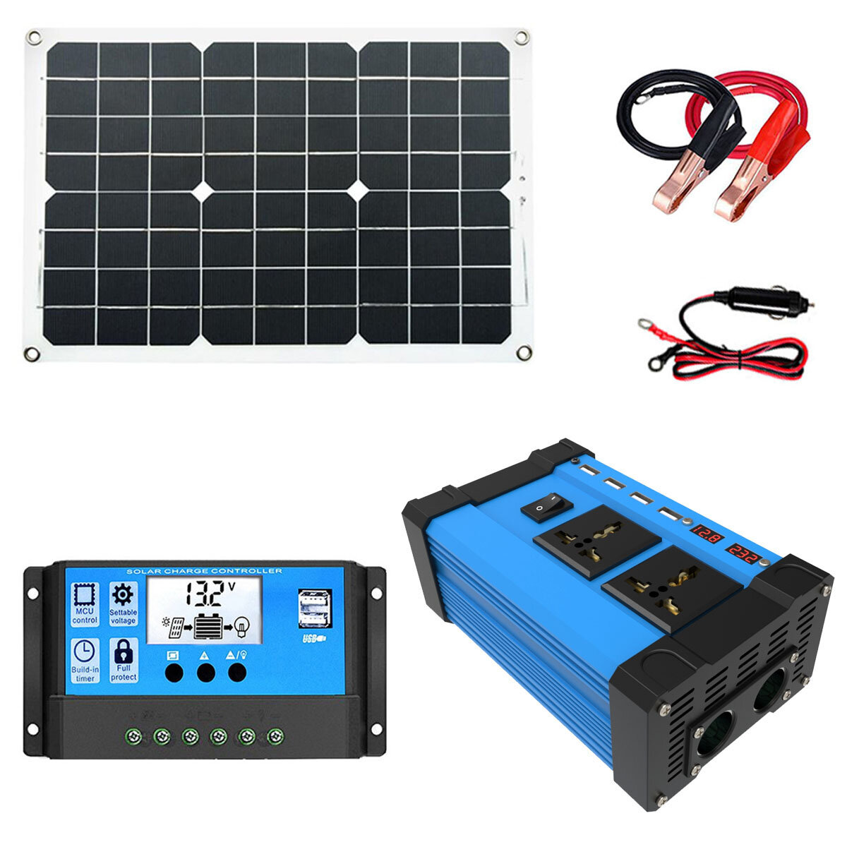 Image of Solar Power System Set 18W Solar Panel 300W Power Inverter 30A Controller Kit Solar Panel Battery Charger
