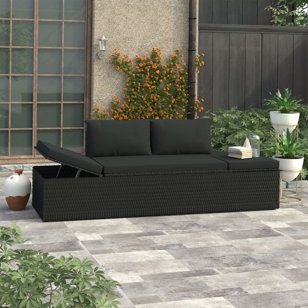 Image of Sun Bed with Cushions Poly Rattan Black